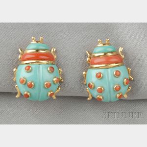 18kt Gold, Turquoise, and Coral Ladybug Earstuds
