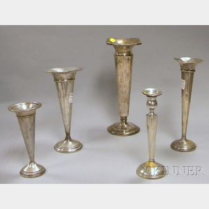 Four Weighted Sterling Silver Trumpet Vases and a Weighted Candlestick