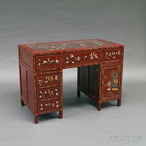 Red-lacquered Chinese Double-pedestal Desk