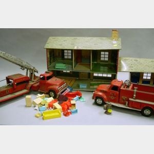 Tonka Toys Painted Steel No. 5 Fire Pumper Truck, and Ladder Truck, and a Lithograph Tin Doll House with Plastic Furniture.