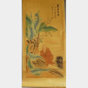 Chinese Ink and Watercolor Hanging Scroll Depicting a Scholar with Palms