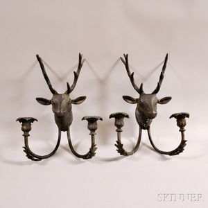 Pair of Bronze Deer-form Two-light Wall Sconces