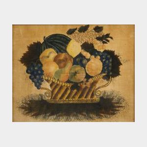 American School, 19th Century Theorem: Still Life of a Basket of Fruit.