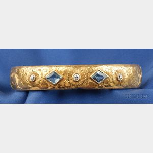 Art Nouveau 14kt Gold, Aquamarine and Diamond Bangle Bracelet