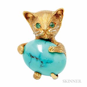 18kt Gold, Turquoise, and Emerald Brooch, Cartier