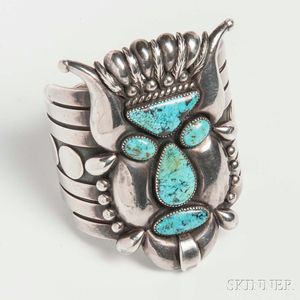 Southwestern Sterling Silver and Turquoise Figural Cuff