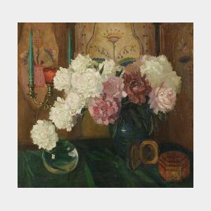 Austrian School, 19th/20th Century Still Life with Peonies Before a Decorative Panel