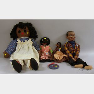 Three Cloth Black Dolls, a Black Composition Doll and a Plastic Ventriloquists Doll.