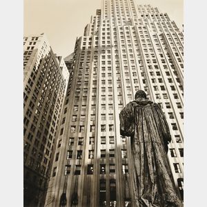 Berenice Abbott (American, 1898-1991) John Watts Statue from Trinity Churchyard Looking Toward One Wall Street