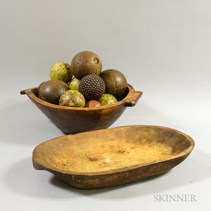 Two Wooden Bowls and a Group of Assorted Carved and Painted Wooden Balls. 