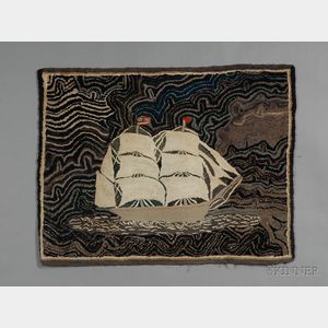 Wool and Cotton Hooked Rug with an American Bark at Sea