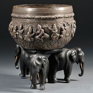 Silver Bowl with Stand Depicting Three Elephants