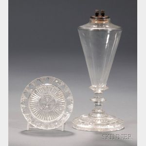Colorless Free-blown Glass Lamp with Pressed Cup Plate Base and Matching Cup Plate