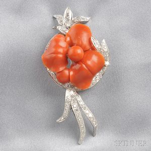 14kt White Gold, Coral, and Diamond Flower Brooch