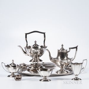 Five-piece Gorham "Plymouth" Pattern Sterling Silver Tea and Coffee Service with a Matching Silver-plated Tray