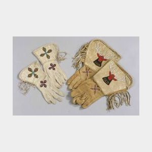 Two Pairs of Cloth and Hide Beaded Gauntlets