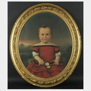 Oval Format Oil Portrait of a Young Child Holding a Magnolia