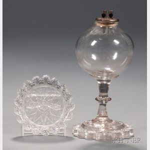 Colorless Free-blown Glass Lamp with Pressed Cup Plate Base and Matching Cup Plate