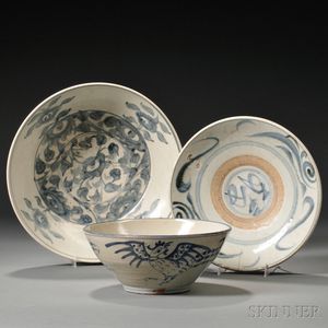Three Blue and White Ming-style Tableware Items