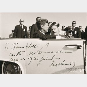 Kennedy, John Fitzgerald (1917-1963) Signed Photograph, Signed Bumper Sticker, and Two Framed Items.