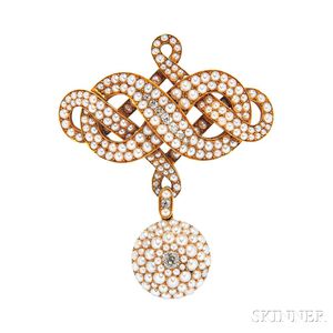 Antique 14kt Gold, Pearl, and Diamond Brooch,