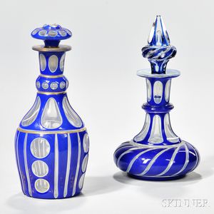 Two Sapphire Blue and White Overlay Cologne Bottles