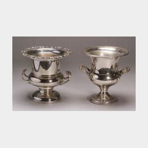 Two Silver Plated Wine Coolers, 20th century, one Wm. Rogers, with thistle shaped body, with gadrooned rim, handles, and trumpet foot,