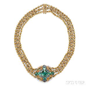 Arts & Crafts 18kt Gold, Tourmaline, and Sapphire Necklace, Tiffany & Co.