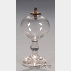 Colorless Free-blown Glass Toy Lamp with Pressed Diamond Check Toy Plate Base