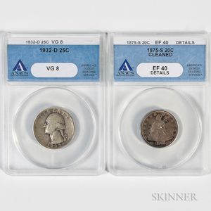 1875-S 20 Cent, ANACS EF40 Details, Cleaned, and a 1932-D Washington Quarter, ANACS VG08. 