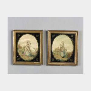 Pair of English Silk Embroidered Pictures of Ladies
