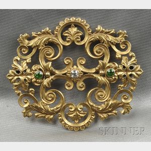 Art Nouveau 14kt Gold, Demantoid Garnet, and Diamond Brooch