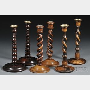Three Pairs of Carved Wood Candlesticks