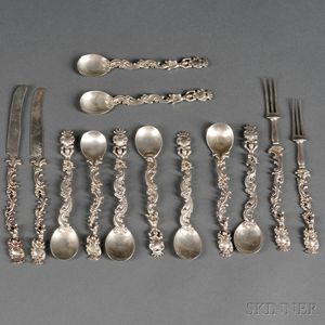 Thirteen Pieces of Assembled Continental Rococo-style Silver Flatware