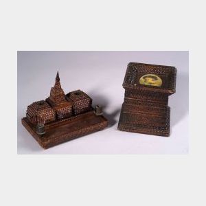 Tramp Art Ink Stand and Covered Box