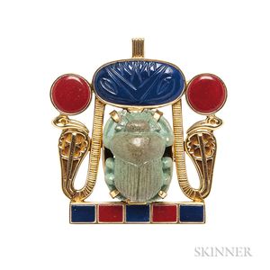Gold, Faience Scarab, and Molded Glass Pendant/Brooch
