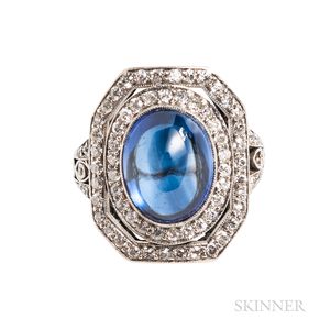 Platinum, Synthetic Cabochon Sapphire, and Diamond Ring