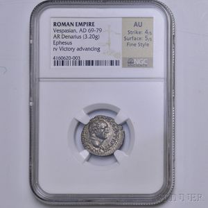 Roman Vespasian Denarius, NGC AU