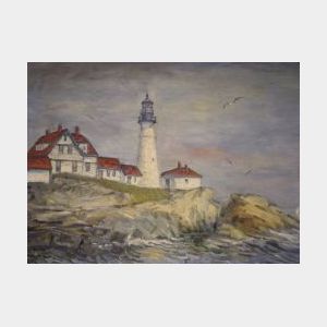 Framed Oil Marine Scene with a Lighthouse