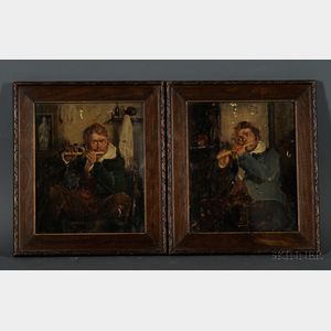 Continental School, 19th Century Lot of Two Interior Scenes with Flute Players.