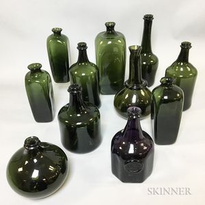 Small Group of Reproduction Colored Glass Bottles and Cased Gins. 