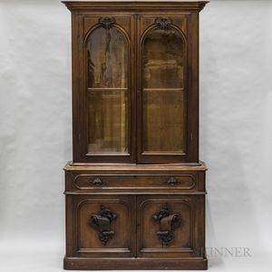 Renaissance Revival Carved and Glazed Walnut Desk/Bookcase