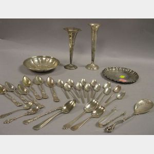 Set of Six Gorham Sterling Silver Teaspoons, a Set of Twelve Demitasse Spoons, Eight Flatware Items, Two Trumpet Vases, and a Small Sal
