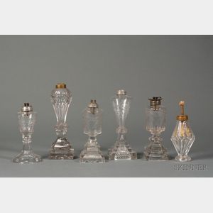 Six Assorted Colorless Cut and Pressed Glass Fluid Lamps