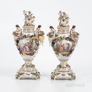 Pair of German Porcelain Vases, Covers, and Stands