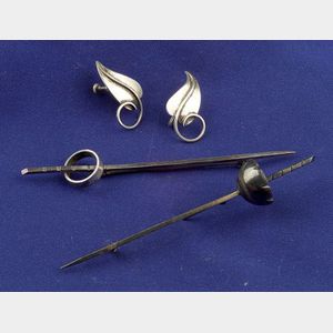 Two Sterling Silver Brooches and Pair of Earclips, Paul Lobel