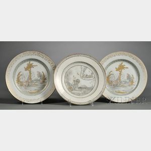 Three Chinese Export European Subject Rimmed Plates