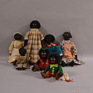 Five Black Rag Dolls and a Hermann Golli-girl and Golli-boy Doll. 