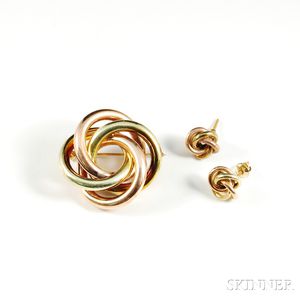 14kt Bicolor Gold Knot Brooch and Earstuds