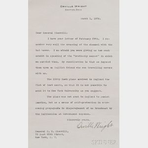 Wright, Orville (1871-1948) Typed Letter Signed, 1 March 1928.